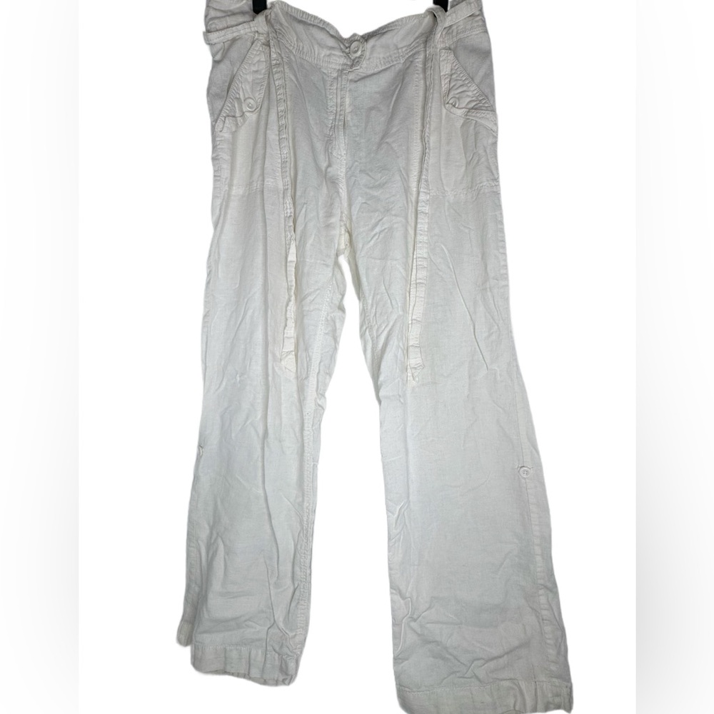 H&M White Linen Blend Cargo Pants Size 14 Wide Leg Lightweight Drawstring Waist